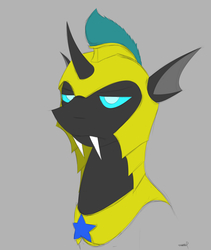 Size: 3988x4724 | Tagged: safe, artist:crazeguy, derpibooru exclusive, oc, oc only, oc:idol hooves, changeling, fanfic:the changeling of the guard, armor, bust, fangs, gray background, helmet, male, portrait, royal guard, royal guard armor, sharp teeth, simple background, solo, teeth, unamused