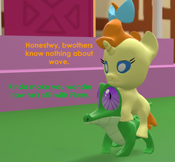 Size: 1168x1080 | Tagged: safe, artist:red4567, gummy, pumpkin cake, pony, g4, 3d, baby, baby pony, implied flurry heart, implied pound cake, implied poundurry, implied shipping, mythology gag, ponies riding gators, riding, shipping, source filmmaker, talking, talking gator