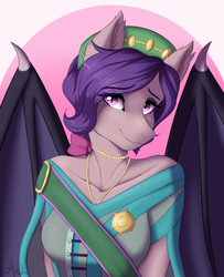 Size: 2175x2681 | Tagged: safe, artist:fairdahlia, oc, oc only, oc:tenebra von umbram, bat pony, anthro, anthro oc, bat pony oc, bust, clothes, commission, female, high res, looking at you, mare, simple background, slit pupils, smiling, solo