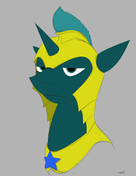 Size: 3668x4724 | Tagged: safe, alternate version, artist:crazeguy, derpibooru exclusive, oc, oc only, oc:idol hooves, changeling, pony, unicorn, fanfic:the changeling of the guard, armor, bust, disguise, disguised changeling, gray background, helmet, male, portrait, royal guard, royal guard armor, simple background, solo, stallion, unamused