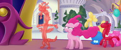 Size: 1920x804 | Tagged: safe, screencap, discord, pinkie pie, earth pony, pony, g4, my little pony: the movie, balloon, balloon animal, deflation, female, mare, solo, windswept mane