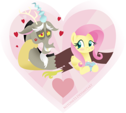 Size: 3385x3039 | Tagged: safe, artist:nstone53, discord, fluttershy, draconequus, pegasus, pony, g4, cute, discute, facial hair, female, goatee, heart, high res, holiday, lipstick, male, mare, prone, ship:discoshy, shipping, shyabetes, smiling, straight, valentine's day, valentine's day card