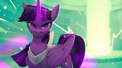 Size: 1200x675 | Tagged: safe, artist:rodrigues404, twilight sparkle, alicorn, pony, g4, badass, female, glowing horn, horn, jewelry, looking at you, magic, mare, peytral, solo, twilight sparkle (alicorn)