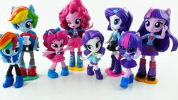 Size: 1920x1080 | Tagged: safe, pinkie pie, rainbow dash, rarity, sci-twi, twilight sparkle, equestria girls, g4, boots, clothes, doll, equestria girls minis, figurine, glasses, irl, jewelry, leg warmers, photo, shoes, skirt, toy
