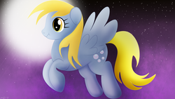 Size: 3840x2160 | Tagged: safe, artist:startledflowerpony, derpy hooves, pony, g4, female, flying, high res, moon, night, solo