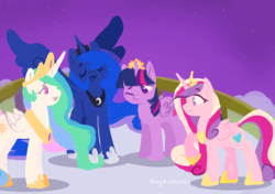 Size: 1558x1094 | Tagged: safe, artist:nintendash, princess cadance, princess celestia, princess luna, twilight sparkle, pony, g4, twilight's kingdom, alicorn tetrarchy, night, scene interpretation, twilight sparkle (alicorn), you'll play your part