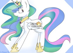 Size: 1200x866 | Tagged: safe, artist:generalfreyma, princess celestia, alicorn, pony, g4, abstract background, clothes, crown, female, jewelry, looking back, mare, peytral, regalia, shoes, signature, simple background, solo, standing