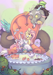 Size: 4961x7016 | Tagged: safe, artist:cutepencilcase, angel bunny, discord, fluttershy, draconequus, pegasus, pony, rabbit, g4, absurd resolution, alice in wonderland, cake, chair, clothes, cookie, crossover, cup, cupcake, dress, eyebrows, food, hat, mad hatter, parody, pocket watch, tea, tea party, teacup, teapot