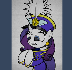 Size: 1300x1263 | Tagged: safe, artist:backgrounds-ponies, rarity, pony, unicorn, g4, ancient wonderbolts uniform, bipedal, clothes, crying, curved horn, female, frown, gritted teeth, hat, hoof hold, horn, itchy, mare, sgt. rarity, shako, solo, teary eyes, traditional art, uniform, wide eyes