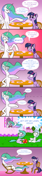 Size: 1138x4773 | Tagged: safe, artist:banebuster, aura (g4), cotton cloudy, princess celestia, twilight sparkle, alicorn, pony, g4, angry, ball, canterlot, comic, cookie, cup, dialogue, female, filly, flower, foal, food, furious, gradient background, grass, grumpy, lawn, missing accessory, offended, old, pouting, rocking chair, senior, sitting, table, tea, teacher and student, teacup, teapot, twilight sparkle (alicorn), window, wrinkles, yelling