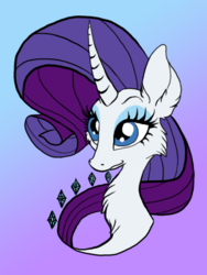 Size: 500x666 | Tagged: safe, artist:rar1ty, rarity, pony, unicorn, g4, bust, cheek fluff, chest fluff, curved horn, ear fluff, female, gradient background, horn, mare, portrait, simple background, smiling, solo