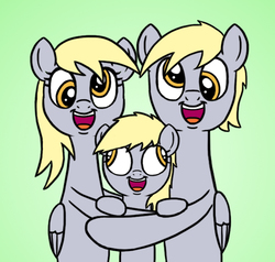 Size: 1869x1776 | Tagged: safe, artist:banebuster, derpy hooves, pegasus, pony, g4, bubble, bust, cute, derp, dizzy hooves, dopey hooves, embrace, family, family photo, female, filly, foal, food, gradient background, happy, hug, looking at you, muffin, parent, portrait, rule 63, self ponidox, selfcest, ship:derpydopey, shipping, smiling