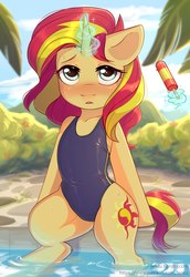 Size: 1484x2160 | Tagged: safe, alternate version, artist:fensu-san, sunset shimmer, pony, unicorn, semi-anthro, adorasexy, blushing, clothes, cute, female, food, glowing horn, ice cream, looking at you, magic, mare, one-piece swimsuit, sexy, shimmerbetes, sitting, solo, summer, sweat, swimming pool, swimsuit, telekinesis
