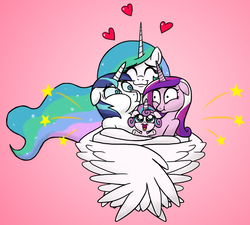 Size: 4001x3597 | Tagged: safe, artist:banebuster, princess cadance, princess celestia, princess flurry heart, shining armor, alicorn, pony, unicorn, g4, ^^, aunt, auntlestia, baby, bear hug, cuddling, cute, cutelestia, embrace, eyes closed, family, female, flurrybetes, foal, four-limbed hug, frontal, gradient background, happy, heart, hug, love, male, mare, missing accessory, momlestia, pain, pain star, parent, simple background, smiling, snuggling, stallion, strong, varying degrees of want, winghug