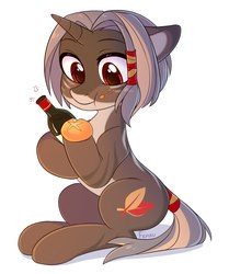 Size: 1809x2160 | Tagged: safe, artist:fensu-san, oc, oc only, pony, unicorn, bread, eating, female, food, mare, simple background, sitting, solo, tail wrap, white background, wine bottle