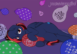 Size: 1280x905 | Tagged: safe, artist:jcosneverexisted, oc, oc only, oc:lightning loons, pony, balloon, femboy, looking at you, lying, lying down, male, on side, solo, wide hips