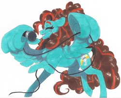 Size: 5900x4768 | Tagged: safe, artist:frozensoulpony, oc, oc:bad axe, pegasus, pony, absurd resolution, female, mare, microphone, parent:cheese sandwich, parent:lightning dust, traditional art, wing hands