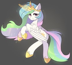 Size: 2373x2160 | Tagged: safe, artist:fensu-san, princess celestia, alicorn, pony, g4, crown, female, glowing horn, gray background, high res, horn, jewelry, mare, rearing, regalia, simple background, solo
