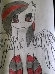 Size: 1627x2202 | Tagged: safe, artist:mlp-vampire-lover, oc, oc only, pegasus, pony, vampire, chest fluff, clothes, drawing, ear piercing, earring, fangs, female, highlights, jewelry, lidded eyes, looking at you, mare, piercing, simple background, socks, solo, spread wings, striped socks, traditional art, white background, wings