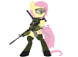 Size: 6000x4400 | Tagged: safe, artist:yognaughtsteve, fluttershy, pegasus, pony, g4, absurd resolution, action pose, assault rifle, badass, bipedal, body armor, boots, bulletproof vest, clothes, female, flutterbadass, gloves, goggles, gun, headset, hoof hold, katana, looking away, m16, m16a4, military, rifle, safety goggles, shoes, simple background, solo, standing, sword, transparent background, turned head, weapon