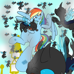 Size: 2000x2000 | Tagged: safe, artist:bennimarru, rainbow dash, changeling, pegasus, pony, g4, canterlot, fight, high res