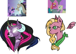 Size: 1604x1145 | Tagged: safe, artist:quartziie, big macintosh, discord, fluttershy, twilight sparkle, oc, alicorn, draconequus, hybrid, pegasus, pony, g4, bust, crown, curved horn, draconequus oc, female, floating wings, freckles, glowing eyes, horn, interspecies offspring, jewelry, male, mare, neckerchief, offspring, parent:big macintosh, parent:discord, parent:fluttershy, parent:twilight sparkle, parents:discolight, parents:fluttermac, regalia, ship:discolight, ship:fluttermac, shipping, simple background, straight, tongue out, transparent background, twilight sparkle (alicorn)