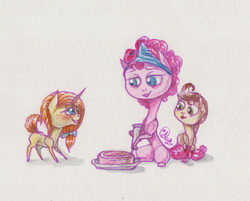 Size: 2259x1815 | Tagged: safe, artist:kimsteinandother, pinkie pie, pound cake, pumpkin cake, pegasus, pony, unicorn, g4, cake, colt, female, filly, food, frosting, male, simple background, traditional art