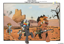 Size: 4000x2800 | Tagged: safe, artist:iiapiiiubbiu, derpy hooves, oc, oc:calamity, oc:littlepip, oc:velvet remedy, pegasus, pony, unicorn, fallout equestria, g4, battle saddle, clothes, cowboy hat, dashite, dead tree, fallout, fanfic, fanfic art, female, fluttershy medical saddlebag, gun, hat, hooves, horn, jumpsuit, male, mare, medical saddlebag, music notes, open mouth, pipbuck, rifle, saddle bag, singing, smoke, stallion, stetson, text, tongue out, tree, vault suit, wasteland, weapon, wings