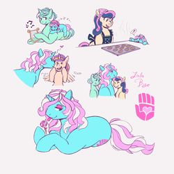 Size: 2400x2400 | Tagged: safe, artist:overlordneon, bon bon, lyra heartstrings, sweetie drops, oc, oc:lala bye, oc:nova dawn, alicorn, earth pony, pony, unicorn, g4, adorabon, alicorn oc, apron, baking, candy, clothes, cookie, cute, exclamation point, family, female, filly, flapping wings, food, heart, high res, kissing, lesbian, lollipop, lyrabetes, lyre, magical lesbian spawn, musical instrument, ocbetes, offspring, parent:bon bon, parent:lyra heartstrings, parent:sunset shimmer, parent:twilight sparkle, parents:lyrabon, parents:sunsetsparkle, ship:lyrabon, shipping, simple background, sleeping, smiling, tongue out, wings, zzz