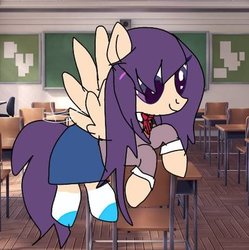 Size: 400x402 | Tagged: safe, artist:redvelvet-isanoodle, pegasus, pony, clothes, colored pupils, doki doki literature club!, female, hair over one eye, mare, ponified, school uniform, skirt, solo, yuri (ddlc)