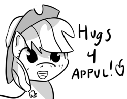 Size: 1790x1396 | Tagged: safe, artist:artiks, applejack, earth pony, pony, g4, apple, appul, cute, dialogue, female, food, grayscale, hugs needed, jackabetes, looking at you, mare, monochrome, simple background, smiling, solo, talking to viewer, that pony sure does love apples, white background