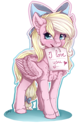Size: 1670x2615 | Tagged: safe, artist:gaelledragons, oc, oc only, oc:bay breeze, pegasus, pony, blushing, bow, chest fluff, cute, female, fluffy, hair bow, looking at you, mare, mouth hold, note, simple background, smiling, solo, transparent background, unshorn fetlocks