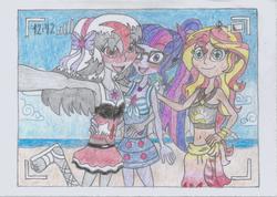 Size: 1748x1242 | Tagged: safe, artist:nephilim rider, sci-twi, sunset shimmer, twilight sparkle, oc, oc:heaven lost, equestria girls, equestria girls specials, g4, my little pony equestria girls: better together, my little pony equestria girls: forgotten friendship, armpits, beach, clothes, sarong, swimsuit, traditional art