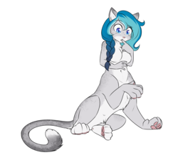 Size: 2749x2401 | Tagged: safe, artist:askbubblelee, oc, oc only, oc:bubble lee, cat, chakat, anthro, taur, barely pony related, belly button, blue hair, breasts, featureless breasts, female, freckles, furry, grey fur, high res, nudity, pale belly, simple background, solo, species swap, transparent background