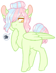 Size: 400x522 | Tagged: safe, artist:soulnik, oc, oc only, oc:lacewing, pegasus, pony, adopted offspring, blank flank, female, hair bun, hair over one eye, hoof on chin, mare, parent:rumble, parent:scootaloo, parents:rumbloo, pictogram, simple background, solo, thinking, transparent background, white outline