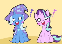Size: 4093x2894 | Tagged: safe, artist:garammasara, starlight glimmer, trixie, pony, unicorn, g4, blank eyes, cape, clothes, cute, diatrixes, duo, female, glimmerbetes, hat, looking at you, mare, music notes, open mouth, simple background, singing, sitting, trixie's cape, trixie's hat