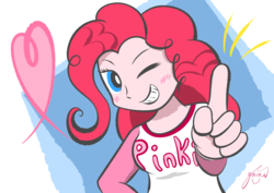 Size: 4093x2894 | Tagged: safe, artist:garammasara, pinkie pie, equestria girls, g4, clothes, female, grin, heart, looking at you, number one, one eye closed, pink, shaped like itself, smiling, solo, wink