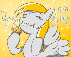 Size: 1024x819 | Tagged: safe, artist:garammasara, derpy hooves, pegasus, pony, g4, eating, eyes closed, female, food, mare, muffin, simple background, solo