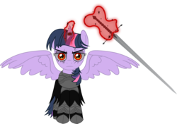 Size: 1578x1109 | Tagged: safe, artist:spellboundcanvas, twilight sparkle, alicorn, pony, g4, bags under eyes, corrupted, dark magic, evil, female, glowing horn, horn, magic, simple background, sword, telekinesis, transparent background, twilight sparkle (alicorn), weapon