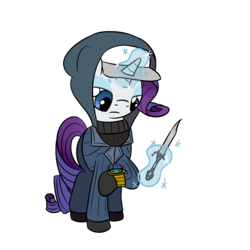 Size: 1280x1280 | Tagged: safe, artist:phat_guy, derpibooru exclusive, rarity, pony, unicorn, g4, brotherhood of arms, cap, clothes, crossover, dagger, enthusiast's timepiece, female, glowing horn, hat, hood, hoodie, horn, knife, looking at something, looking down, magic, mare, melee, melee weapon, pants, raised leg, rarispy, simple background, solo, spy, spy (tf2), standing, suit, sweater, team fortress 2, telekinesis, transparent background, turtleneck, video game, watch, weapon, wristwatch, your eternal reward