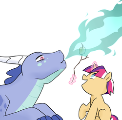 Size: 2000x1970 | Tagged: safe, artist:theroyalartofna, oc, oc only, oc:bella sparkle, oc:sapphire, dragon, blank flank, female, filly, fire, fire breath, food, marshmallow, offspring, parent:flash sentry, parent:princess ember, parent:spike, parent:twilight sparkle, parents:emberspike, parents:flashlight, simple background, white background