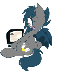 Size: 2000x2517 | Tagged: safe, artist:starlightlore, oc, oc only, oc:speck, bat pony, batman logo, butt, computer, gasping, high res, plot, simple background, solo, transparent background