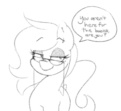 Size: 916x839 | Tagged: safe, artist:lyrabop, oc, oc only, earth pony, pony, dialogue, eyeshadow, female, glasses, grayscale, librarian, makeup, mare, monochrome, simple background, solo, white background