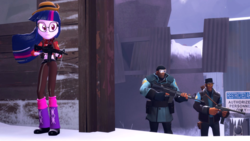 Size: 1920x1080 | Tagged: safe, artist:fivefreddy, twilight sparkle, equestria girls, g4, 3d, crossover, gmod, sniper, sniper (tf2), soldier, soldier (tf2), team fortress 2, twilight sniper, weapon