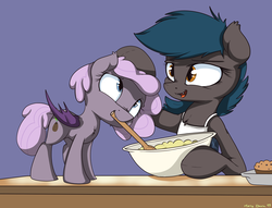 Size: 2908x2217 | Tagged: safe, artist:mistydash, oc, oc only, oc:sirocca, oc:speck, bat pony, pony, apron, baking, clothes, cute, food, high res, muffin, petting