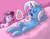 Size: 2048x1585 | Tagged: safe, artist:tuta suke, artist:tuta_suke, starlight glimmer, trixie, pony, unicorn, g4, belly, chubby, cute, diatrixes, duo, eating, eyes closed, female, food, glowing horn, hooves behind head, horn, levitation, lying down, magic, mare, on back, open mouth, plump, sandwich, telekinesis, unamused