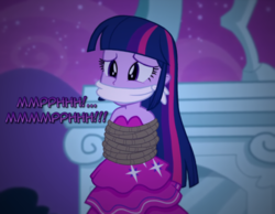 Size: 990x768 | Tagged: safe, artist:snakeythingy, edit, twilight sparkle, equestria girls, g4, my little pony equestria girls, bondage, bound and gagged, cloth gag, damsel in distress, dialogue, fall formal, fall formal outfits, gag, kidnapped, muffled words, peril, photomanipulation, request, rope, rope bondage, story included, tied up