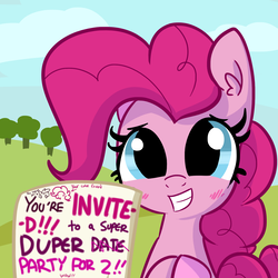 Size: 1650x1650 | Tagged: safe, artist:tjpones, pinkie pie, earth pony, pony, blushing, bronybait, bust, crossed out, cute, daaaaaaaaaaaw, diapinkes, ear fluff, featured image, female, generic pony, grin, hooves together, invitation, letter, looking at you, mare, nervous, nervous grin, offscreen character, ponk, sign, smiling, solo, squee, subtle as a train wreck, sweet dreams fuel, text, tjpones is trying to murder us, wow
