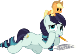Size: 6687x4756 | Tagged: safe, artist:jhayarr23, applejack, coloratura, earth pony, pony, g4, absurd resolution, female, implied lesbian, implied rarajack, implied shipping, lying down, mare, mouth hold, pencil, plushie, rara, sheet music, simple background, transparent background, vector