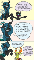 Size: 1620x2880 | Tagged: safe, artist:cowsrtasty, queen chrysalis, thorax, changedling, changeling, changeling queen, pony, g4, to where and back again, comic, extra fabulous comics, female, i have seen everything, king thorax, male, meme, mother and child, mother and son, ponified, ponified meme, scowl, simple background, sparkles